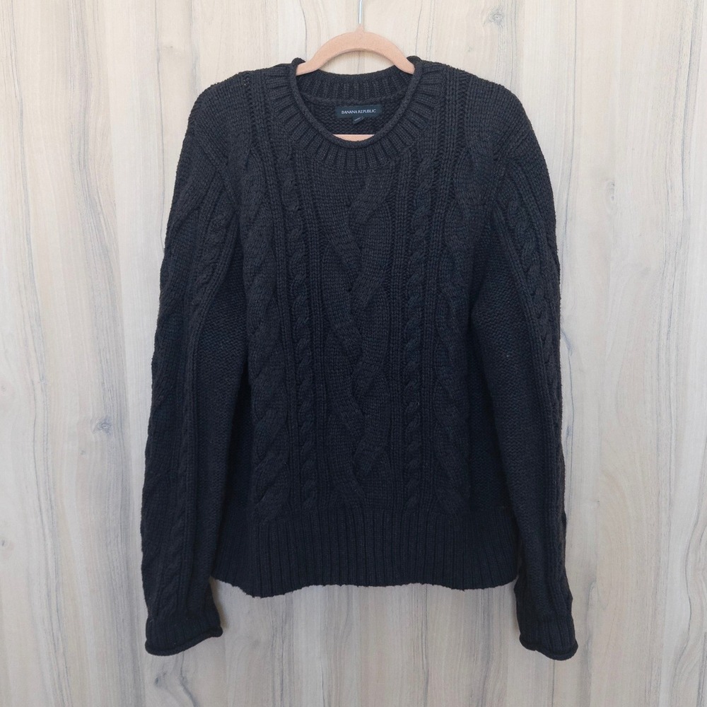 Banana Republic Cable Knit Sweater XL Black Chunky Wool Blend Preppy Classic